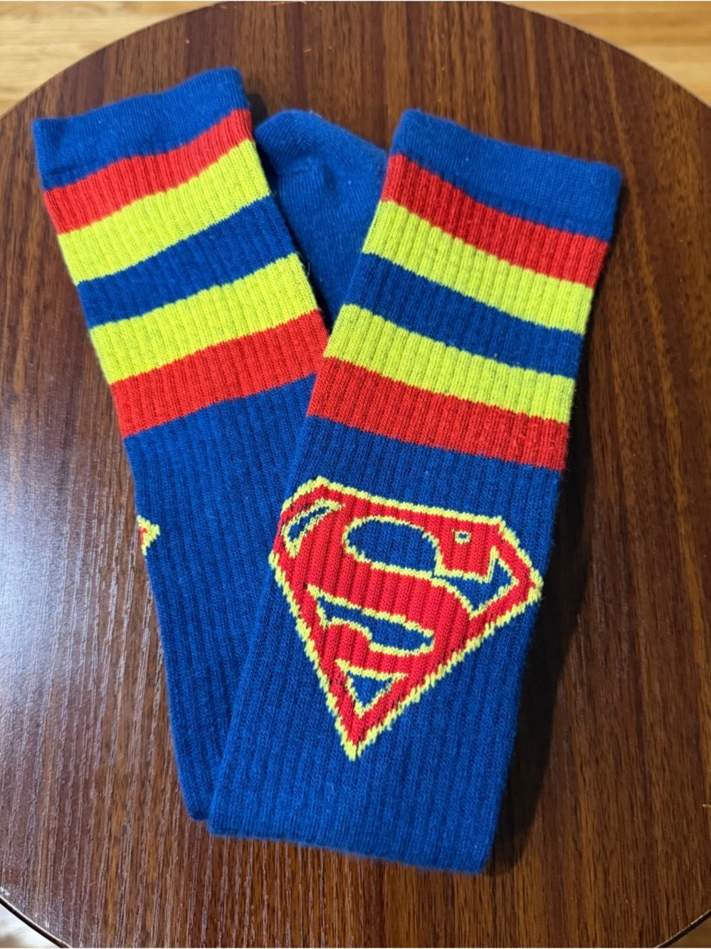 Superman Logo Blue Crew Socks Knee High With Red and Yellow Stripes!